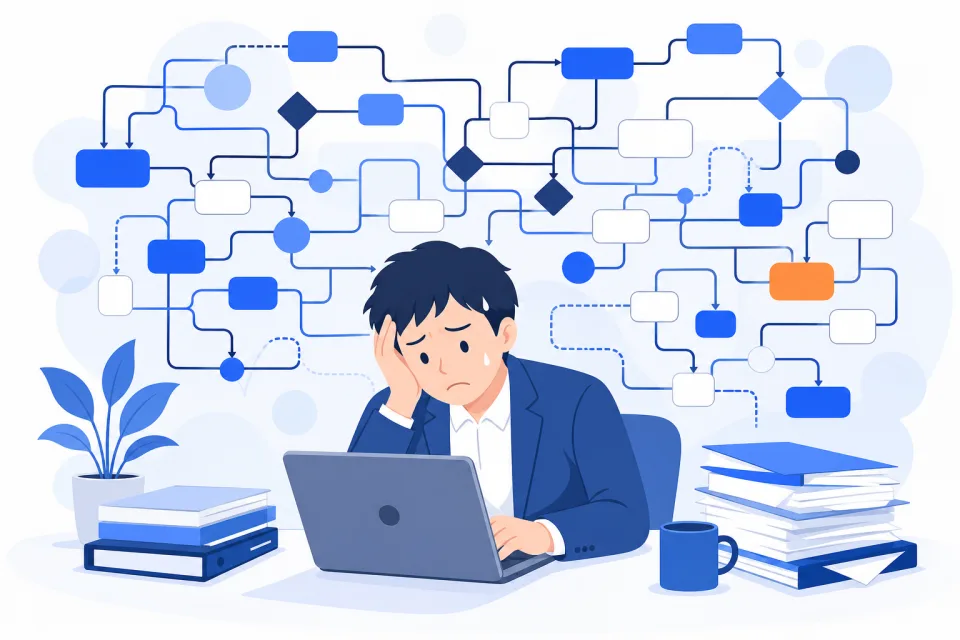 受け付けた内容を手入力しているに悩む担当者のイラスト