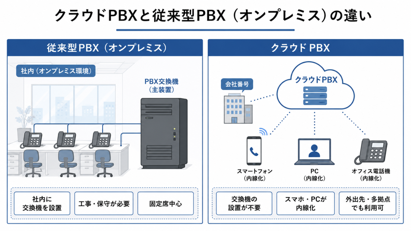 クラウドPBXと従来型PBX（オンプレミス）の構成の違いを示す図
