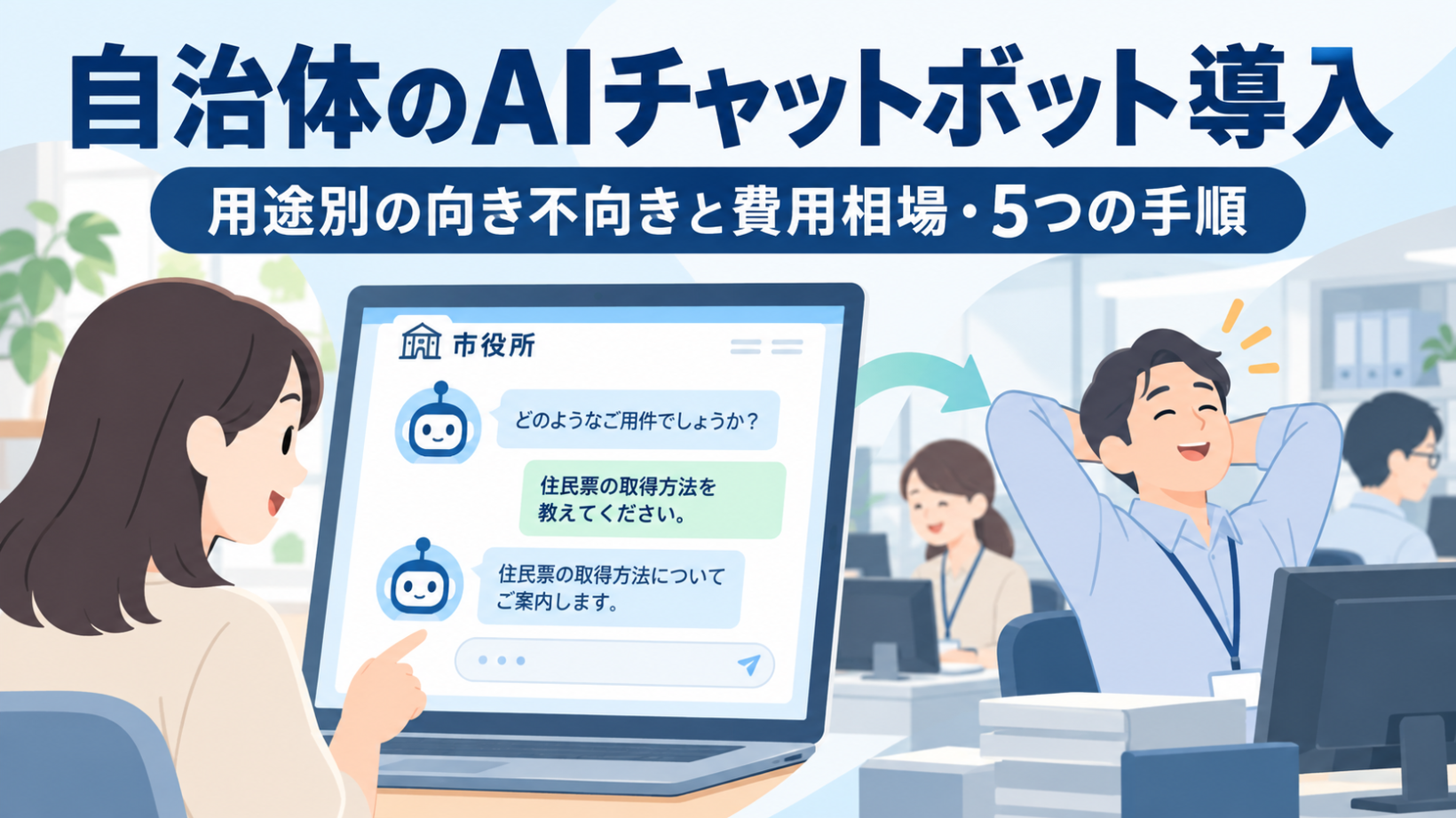 自治体のAIチャットボット導入　用途別の向き不向きと費用相場・5つの手順