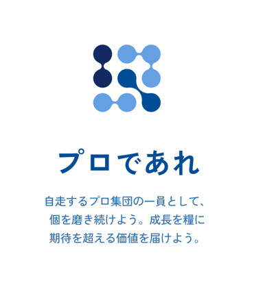 プロであれ 自走するプロ集団の一員として、個を磨き続けよう。成長を糧に期待を超える価値を届けよう。
